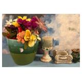502 - FAUX FLOWER ARRANGEMENT, CANDLE HOLDERS