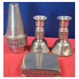N - PEWTER CANDLESTICKS, VASE & TRINKET BOX (N107)