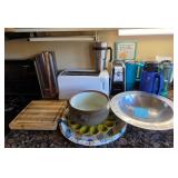 TOASTER, CAN OPENER, MUGS, BOWLS, CUTTING BOARD