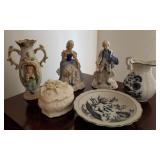 S3 - VINTAGE FIGURINES, PITCHER/BASIN, TRINKET BOX