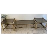 S3 - BRASS/ SMOKEY GLASS SIDE TABLES, COFFEE TABLE