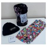 J3 - THROW BLANKET, KNIT HAT, HELLO KITTY LEGGINGS