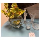 K - VASE W/ FAUX ORCHIDS, BUD VASES, TRINKET DISH