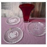 11 - RUBY RED GLASS VASE, THREE PLATES (U37)