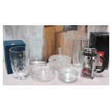 N - CRYSTAL VASES, COVERED DISH, COFFEE PRESS (D20