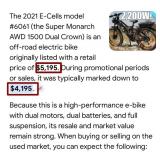 J1 - 2021 E-CELLS #6061 E-BIKE (205 MILLES) (G72)