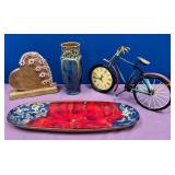11 - BICYCLE CLOCK, VASE, PLATTER, HEART FIGURINE