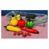 11 - BLOWN GLASS DISH & FAUX FRUIT/VEGS (Y132)