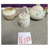 11 - BELLEEK TEAPOT, PITCHER & JAR (N178)