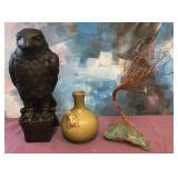 L1 - FALCON SCULPTURE, POTTERY VASE, WIRE TREE