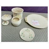 11 - BELLEEK JARS WITH LIDS, PLATTER & SAUCER (N18