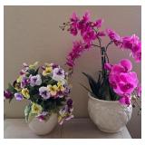 J2 - FAUX PANSIES & ORCHID IN PLANTER POTS (L43)