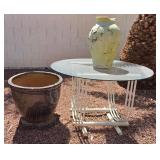 J2 - PATIO TABLE WITH GLASS TOP, VASE, PLANTER (Y6