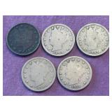 443 - FIVE COLLECTIBLE LIBERTY 'V' NICKELS (d10)
