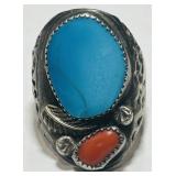 STERLING SILVER TURQUOISE /CORAL RING SIZE 11