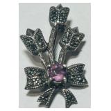STERLING SILVER MARCASITE/AMETHYST BROCH 3.70GRS