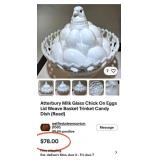 N1 - ANTIQUE MILK GLASS CHICK & EGGS ON NEST (K133
