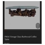 M - BURL WOOD BASE KIDNEY SHAPED GLASS TOP TABLE