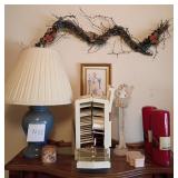 M - TABLE LAMP, WALL DECOR, CANDLES, SEWING BOX