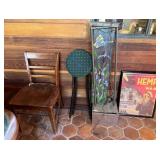 M - WOODEN CHAIR, STOOL, STAINED GLASS FOUNTAIN