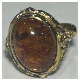 GOLD PLATED STERLING SILVER AMBER RING SIZE 7