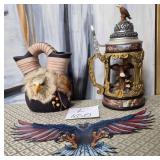 11 - DECORATIVE STEIN, VASE & EAGLE WALL DECOR