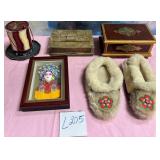 11 - KEEPSAKE BOXES, FRAMED ART, SLIPPERS (L205)