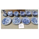 11 - STONEWARE CUPS & SAUCERS, CREAMER & SUGAR