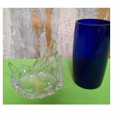 11 - CUT GLASS CANDY DISH/BLUE FLOWER VASE(P182)