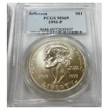 JEFFERSON 1 DOLLAR SILVER  1993-P MS69