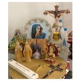 N4 - LOT OF RELIGIOUS STATUETTES, CRUCIFIX, MORE