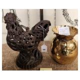 526 - VINTAGE CAST IRON CHICKEN, BRASS VASE (A106)