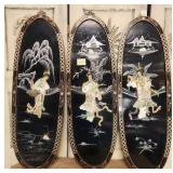 526 - THREE BLACK LACQUER ASIAN ART PANELS (A101)