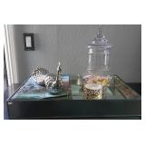 P - GLASS JAR WITH LID, PEACOCK, CANDLE, TRAY (M9)