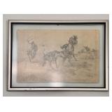 ANTIQUE CHARCOAL SKETCH WESTERN SCENE