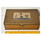 ANTIQUE WOOD METAL BOX W/ GOLD FOIL SILHOUETTE ART