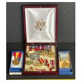 VINTAGE MEDALS PINS, ETC IN PRESENTATION BOX