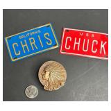 VINTAGE INDIAN CHIEF BELT BUCKLE & 2 VINTAGEPLATES