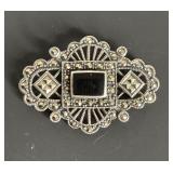 ANTIQUE SILVER ONYX MARCASITE BROOCH