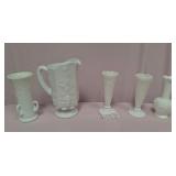 IRIDESCENT WHITE TOOTHPICK HOLDER, VASES, PITCHER