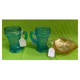 U - GREEN GLASS BEER MUG, CARNIVAL GLASS LEAF DISH