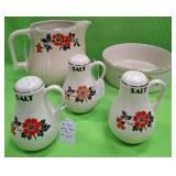 U - HALL'S PITCHER, SALT SHAKERS, BOWL (P356)