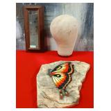 522 - VTG MANNEQUIN HEAD, MIRROR, PAINTED ROCK