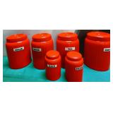 537 - VINTAGE RED CANISTERS & SHAKERS (N34)
