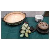 11 - CARVED STONE GRAPES, INCENSE BURNER, BOWLS