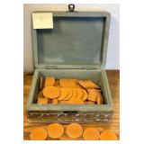 716 -  ANTIQUE ETCHED CLAY POKER CHIPS IN BOX 97PC