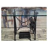 11 - GLASS TOP TABLE WITH ANTIQUE TREADLE BASE