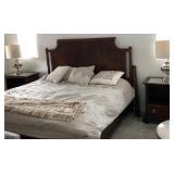 KING BED, MATTRESS, BEDDING, NIGHTSTANDS, LAMPS