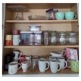 N2 - LOT OF MUGS, GLASS JARS, CAKE STAND (K3)