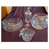 J2 - ETCHED CRYSTAL/GLASS JAR, ROSE, VASE, BOWLS